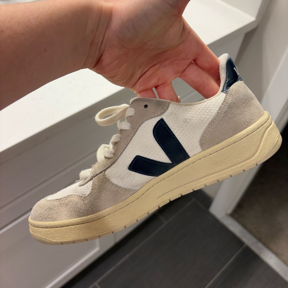 Veja Cream and Navy Casual Sneakers - Picture 2 of 5